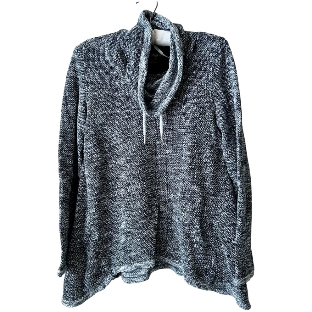 Woven Top Long Sleeve Cowl Neck Drawstring Black Gray White Light Weave XSmall